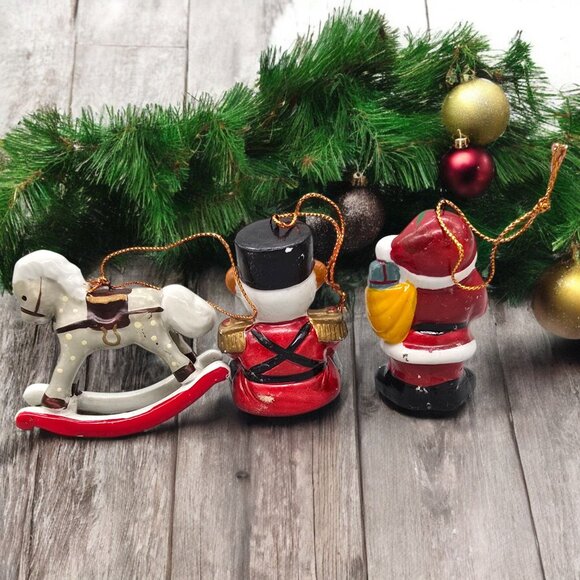 Vtg Set Of 3 Hand-Painted Ceramic Christmas Ornaments Santa Toy Soldier Horse - Picture 3 of 9